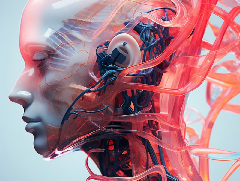 volto di umanoide con circuiti sul cervello