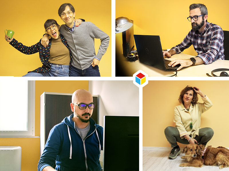 Collage fotografico di persone allegre e divertenti mentre lavorano