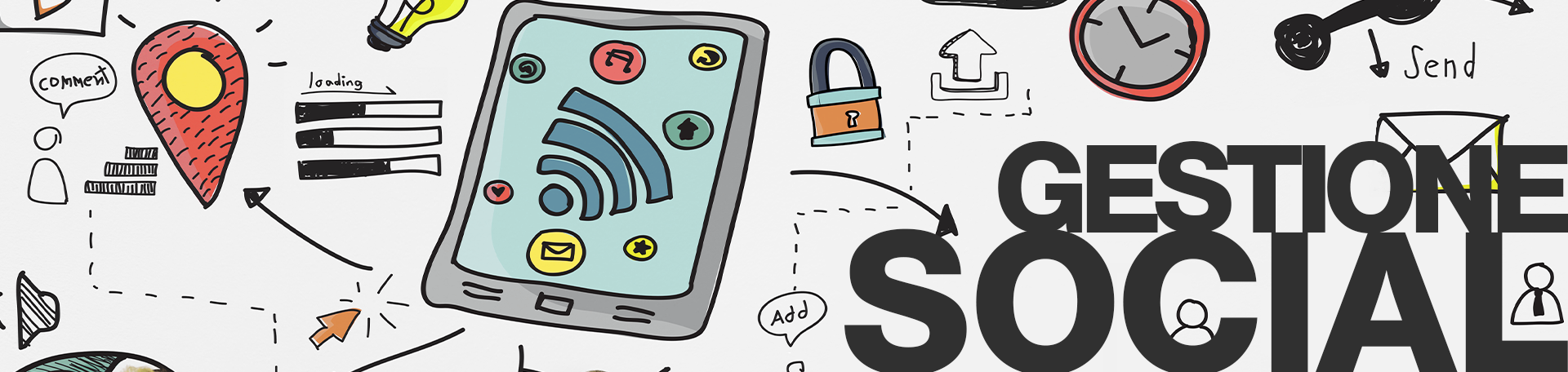 Grafica con graffiti colorati e disegni di dispositivi digitali