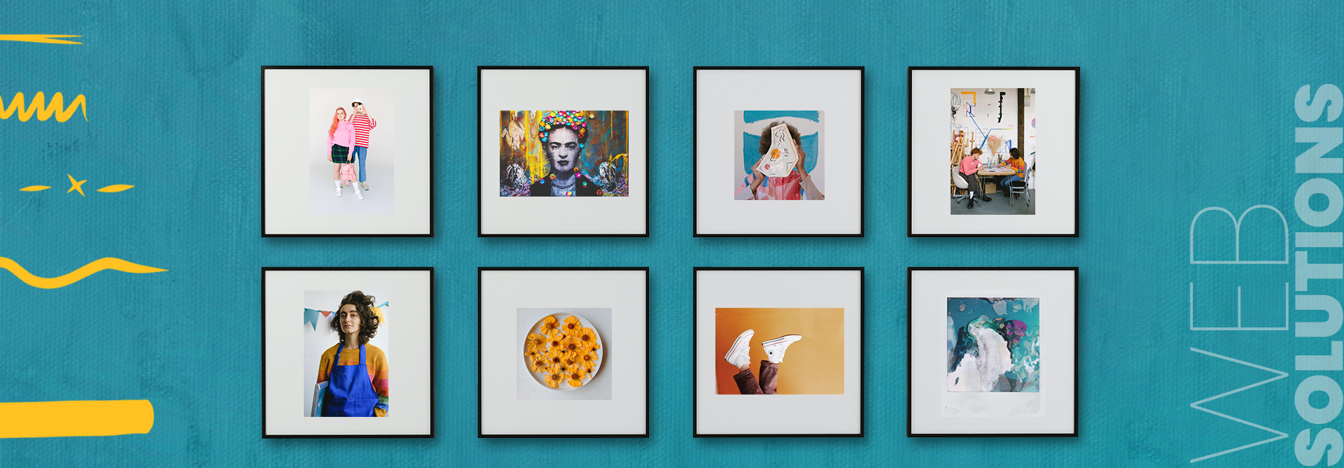 Grafica di un muro con 8 cornici quadrate contenenti immagini diverse e colorate